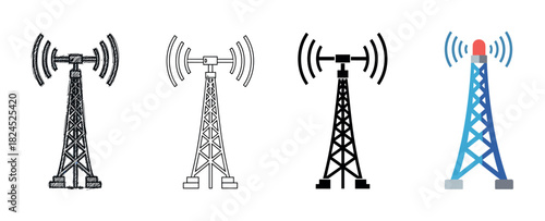 Set of four communication tower icons in different graphic styles including a hand-drawn sketch, clean outline, solid black silhouette, and a colorful flat vector illustration