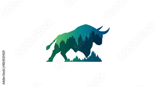 Dynamic Bull Silhouette with Forest Landscape Texture and Mountains, Green Blue Gradient Design