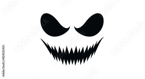 Stylized black and white evil face with sharp teeth and glowing eyes.
