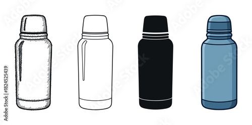 Four insulated travel mug vector illustrations presented in a row showing various design styles from sketch and outline to silhouette and flat color
