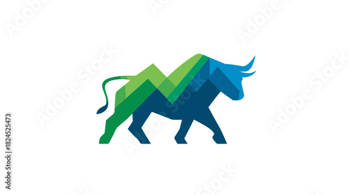 Geometric bull design with abstract polygons in shades of blue and green, symbolizing strength, growth, and market prosperity.