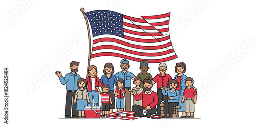 This vector illustration depicts a large group of people, including veterans, families, and children, having a picnic in front of a large American flag. This scene symbolizes the celebration of peace.