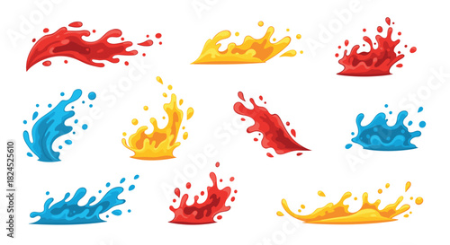 Collection of colorful liquid splashes and drops in red, yellow, and blue hues on a white background.