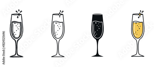 Set of four champagne glass illustrations in different artistic styles including a hand-drawn sketch, line art, silhouette, and color, perfect for celebrating festive events