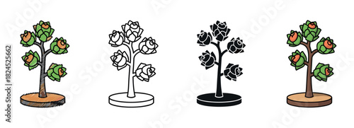 Set of four decorative tree icons with abstract rose flowers, including a hand-drawn sketch, a simple line art, a solid black silhouette, and a colorful cartoon version