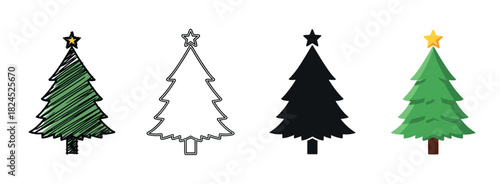 Set of four christmas tree icons in various artistic styles including hand-drawn doodle, simple outline, black silhouette, and a colorful flat vector design for seasonal holidays