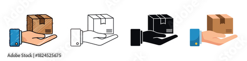 Set of four delivery service icons showing a hand holding a cardboard box in various styles including line art, glyph, flat design, and hand drawn sketch for logistics concepts