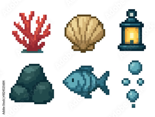 Set of pixel art underwater icons featuring a red coral, seashell, fish, glowing lantern, rocks, and bubbles in a charming retro 8-bit video game asset style