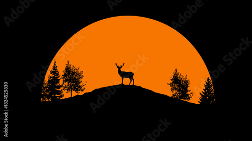 Deer silhouette with antlers standing on a hill against a vibrant orange sunset, surrounded by trees. Minimalist nature wilderness graphic illustration.