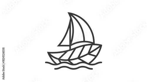 Minimalist Line Art Sailboat on Waves.