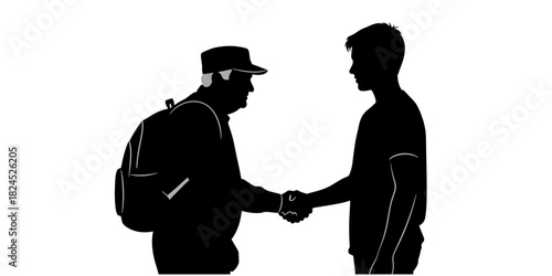 A silhouette of two men shaking hands symbolizes gratitude and respect for veterans from the younger generation. The concept of Veterans Day and military recognition.