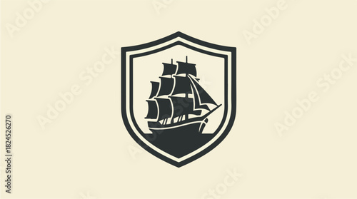 Sailing Ship in Shield Emblem Logo Design.
