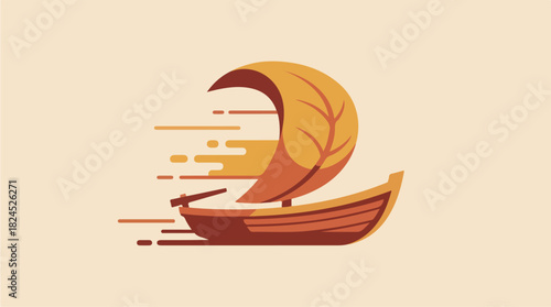 Small wooden boat with a leaf for a sail moving quickly across a calm surface minimalist illustration.