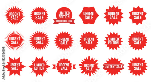Collection of red starburst and tag sale promotion labels with urgent sale and limited edition text.