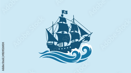 Blue sailing ship on waves vector illustration.