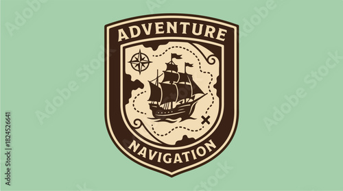 Vintage Adventure Navigation Badge with Ship and Compass.