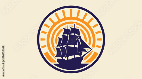 Sailing Ship in a Circular Sunburst Emblem.