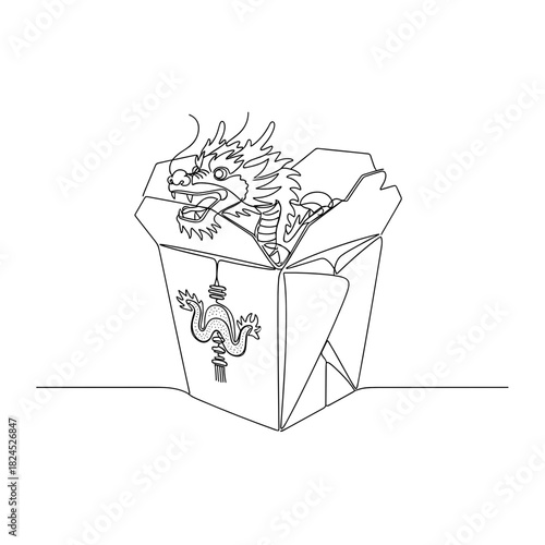 Box of Chinese takeout featuring a festive dragon design  