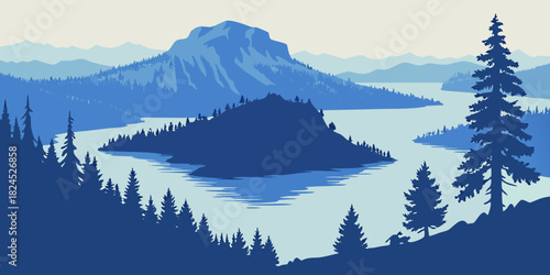 Crater Lake deep blue island silhouette