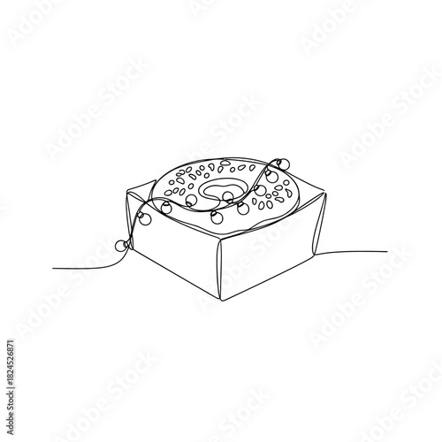 Donut box with edible lights in minimalist line art style  