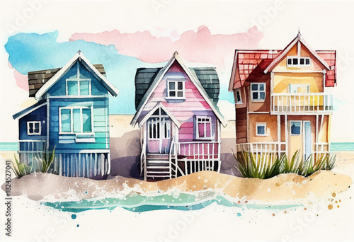 Watercolor painting of three vibrant and colorful beach houses on sandy beach, picturesque scene of coastal living and relaxation. Vector design of three colorful beach houses along a sandy shore