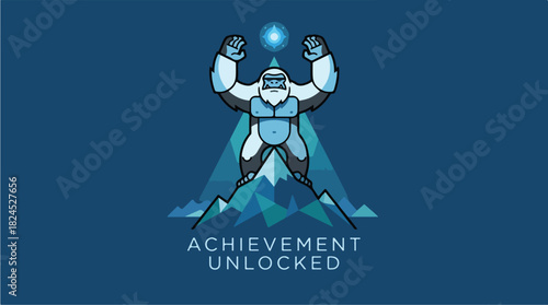 Achievement Unlocked Yeti on Mountain Peak Vector Illustration.