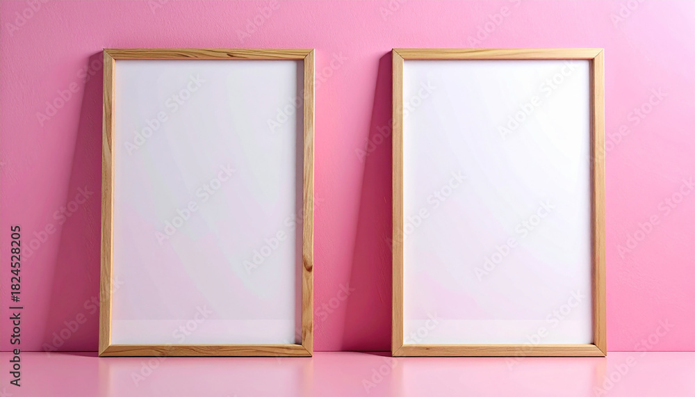 Fototapeta premium Two empty white picture frames with wooden borders leaning against pink wall, blank posters