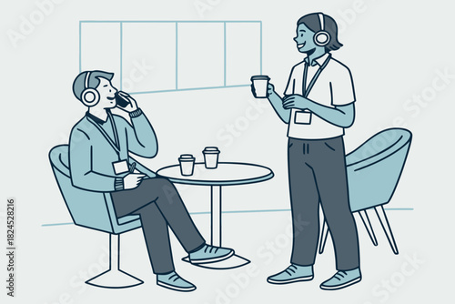 Two people working and taking a break with headphones and coffe in the office