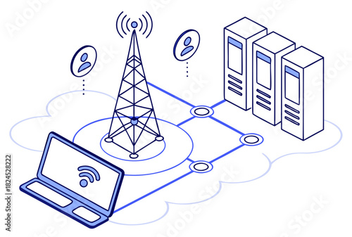 Wireless communication technology concept: Illustration of a laptop, server, and network tower