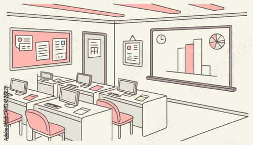 Drawn classroom illustration with computers, desks, and whiteboard.