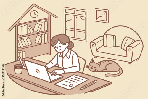 Illustration of a woman working at home with cat in cozy room