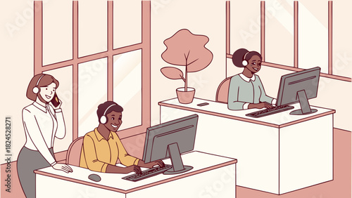 Customer service representatives working in a modern office environment