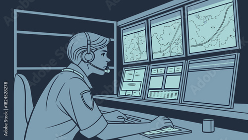 Command center operator monitoring multiple screens and communicating via headset