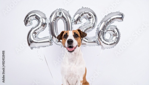 Cute Dog Carrying 2026 Silver Balloons in a Fun Celebration Scene on White Background
