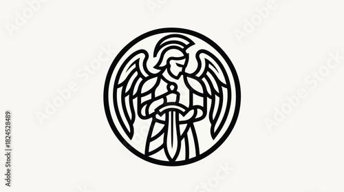 Stylized Angel Warrior with Sword in Circular Emblem.