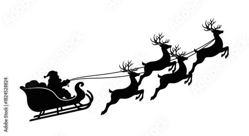 Silhouette of Santa Claus riding in his sleigh pulled by reindeer across the sky.