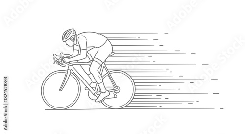 Line art illustration of a professional cyclist riding a road bike at high speed, depicted with motion lines.