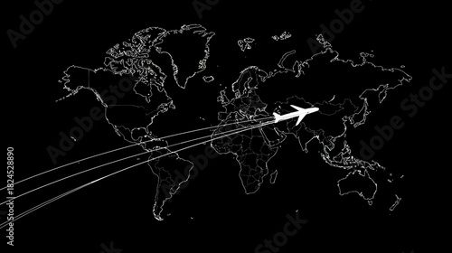 Global airplane travel concept with white plane flying over world map outline, indicating international routes and worldwide connection.
