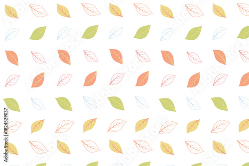 Soft, minimalist seamless pattern with scattered autumn leaves in gentle pastel shades of green, orange, and pink. Ideal for backgrounds, packaging, or stationery.