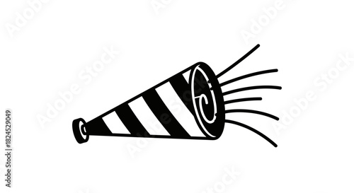 Black and white illustration of a striped party horn or noisemaker with lines indicating sound or celebration.