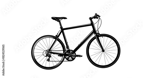 Black bicycle with a black frame, wheels, seat, and handlebars, isolated on a white background.