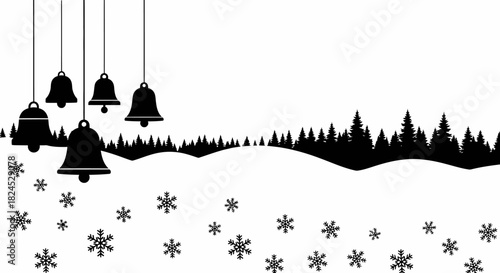 Silhouette of hanging bells and snowflakes against a backdrop of pine trees and snowy hills.