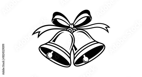 Black and white illustration of two bells tied together with a decorative ribbon, perfect for weddings.