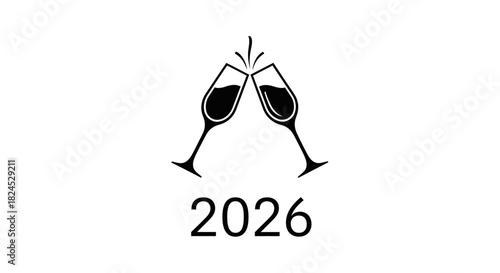 A minimalist black and white graphic of two champagne glasses toasting to the year 2026.