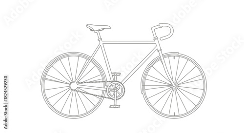 Line drawing of a bicycle, showcasing the frame, wheels, handlebars, and seat in detail.