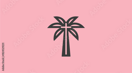 Palm tree with cross symbol on pink background.