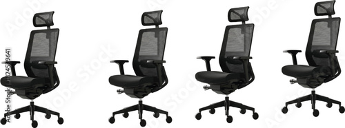 Ergonomic office chair, mesh backrest, adjustable headrest, black frame, padded seat, armrests, rolling base, modern design, workspace furniture, comfort