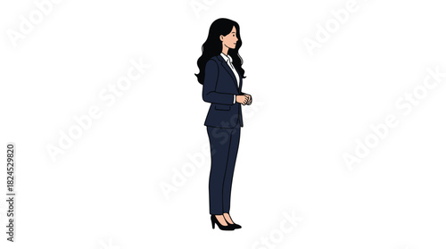 Professional Asian Businesswoman in Navy Suit Standing Sideways on White Background.