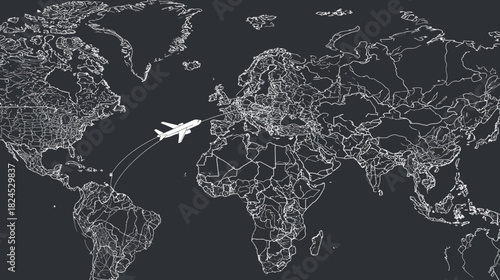 Airplane icon traveling over a dark, stylized world map with a flight path, symbolizing global journey and international travel concept.
