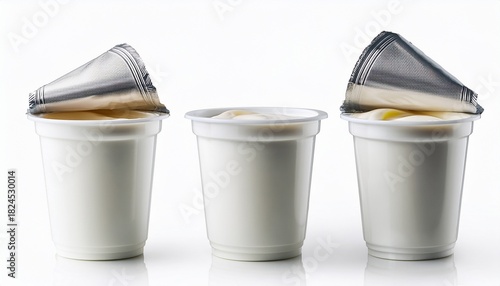 white plastic yogurt cup with partially peeled foil lid isolated on white background ready for your design